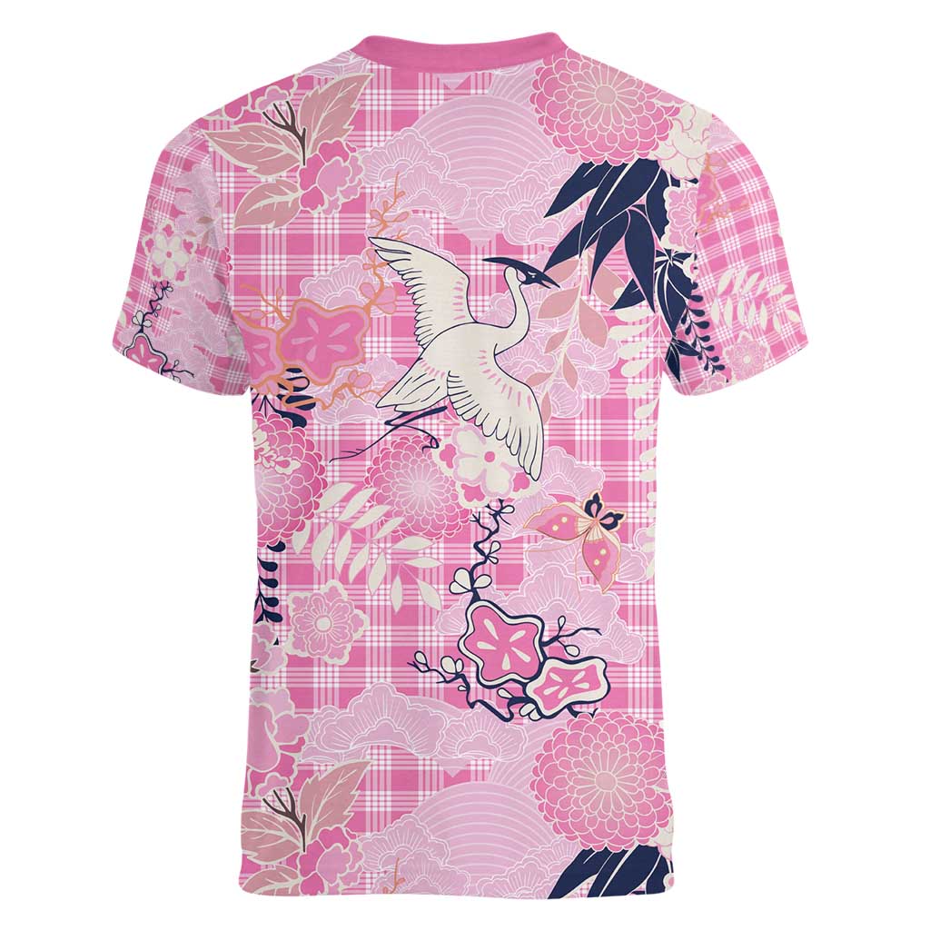 Pink Palaka Crane and Flowers Women V-Neck T-Shirt Japan Heritage Spirit LT9 - Polynesian Pride