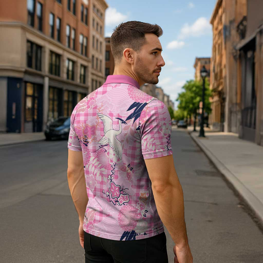 Pink Palaka Crane and Flowers Zipper Polo Shirt Japan Heritage Spirit - Polynesian Pride