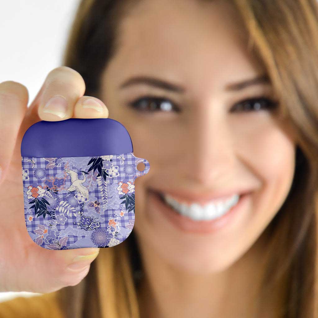 Purple Palaka Crane and Flowers AirPods Case Japan Heritage Spirit - Polynesian Pride