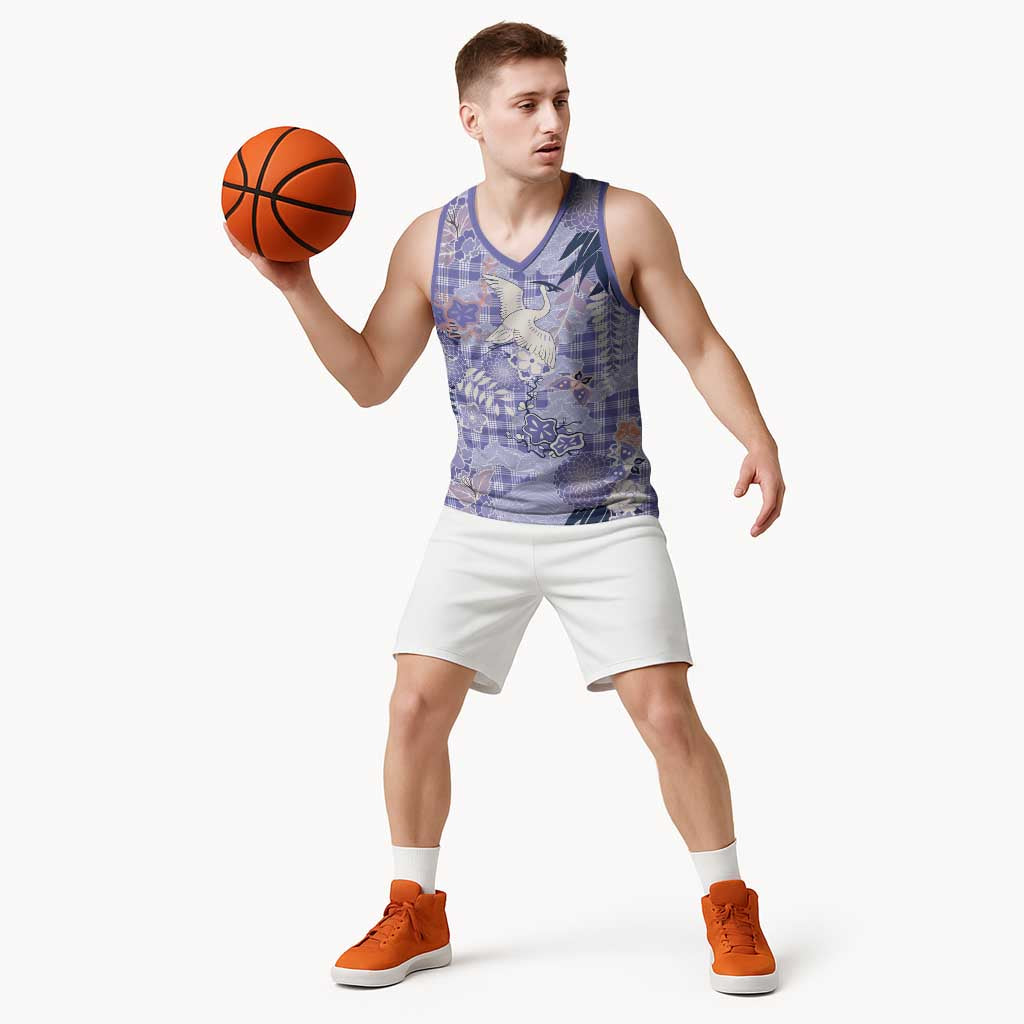 Purple Palaka Crane and Flowers Basketball Jersey Japan Heritage Spirit - Polynesian Pride