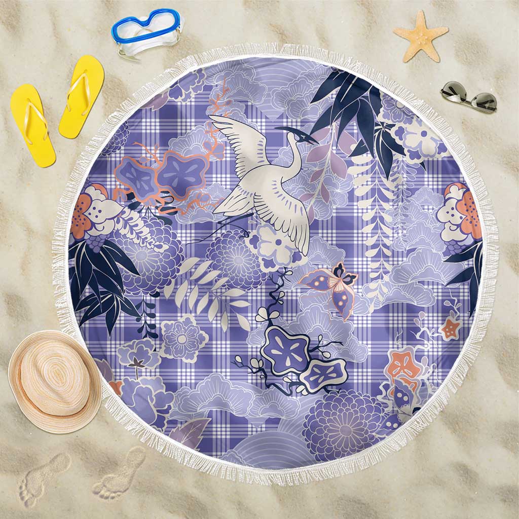 Purple Palaka Crane and Flowers Beach Blanket Japan Heritage Spirit LT9 One Size 150cm Purple - Polynesian Pride