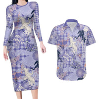 Purple Palaka Crane and Flowers Couples Matching Long Sleeve Bodycon Dress and Hawaiian Shirt Japan Heritage Spirit LT9 Purple - Polynesian Pride
