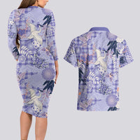 Purple Palaka Crane and Flowers Couples Matching Long Sleeve Bodycon Dress and Hawaiian Shirt Japan Heritage Spirit LT9 - Polynesian Pride