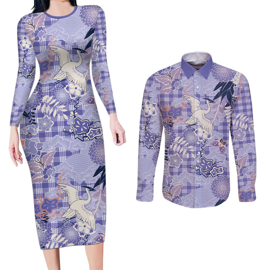 Purple Palaka Crane and Flowers Couples Matching Long Sleeve Bodycon Dress and Long Sleeve Button Shirt Japan Heritage Spirit LT9 Purple - Polynesian Pride