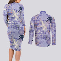 Purple Palaka Crane and Flowers Couples Matching Long Sleeve Bodycon Dress and Long Sleeve Button Shirt Japan Heritage Spirit LT9 - Polynesian Pride
