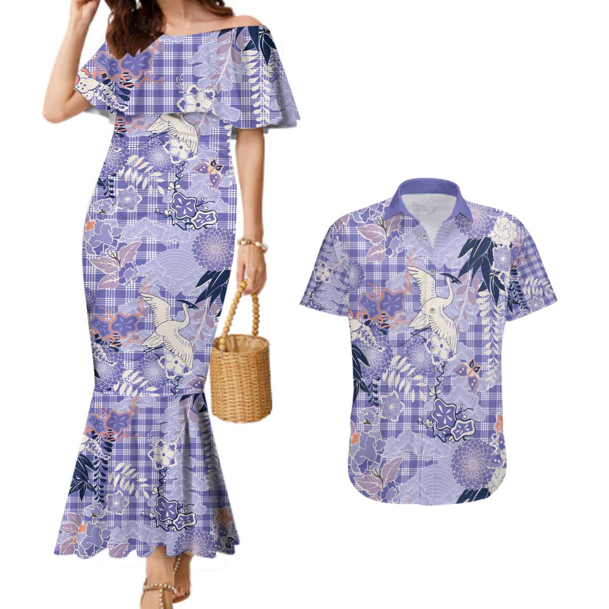 Purple Palaka Crane and Flowers Couples Matching Mermaid Dress and Hawaiian Shirt Japan Heritage Spirit LT9 Purple - Polynesian Pride