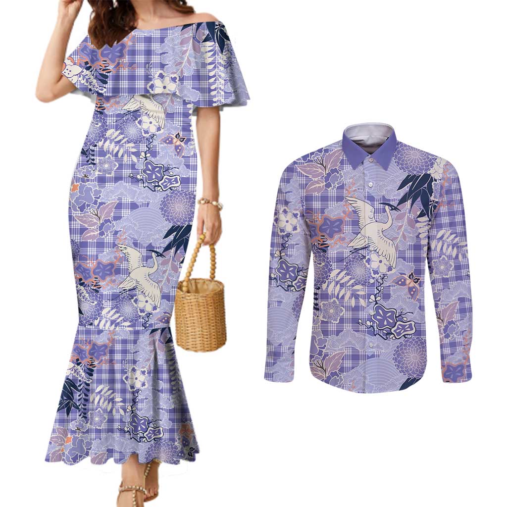 Purple Palaka Crane and Flowers Couples Matching Mermaid Dress and Long Sleeve Button Shirt Japan Heritage Spirit LT9 Purple - Polynesian Pride