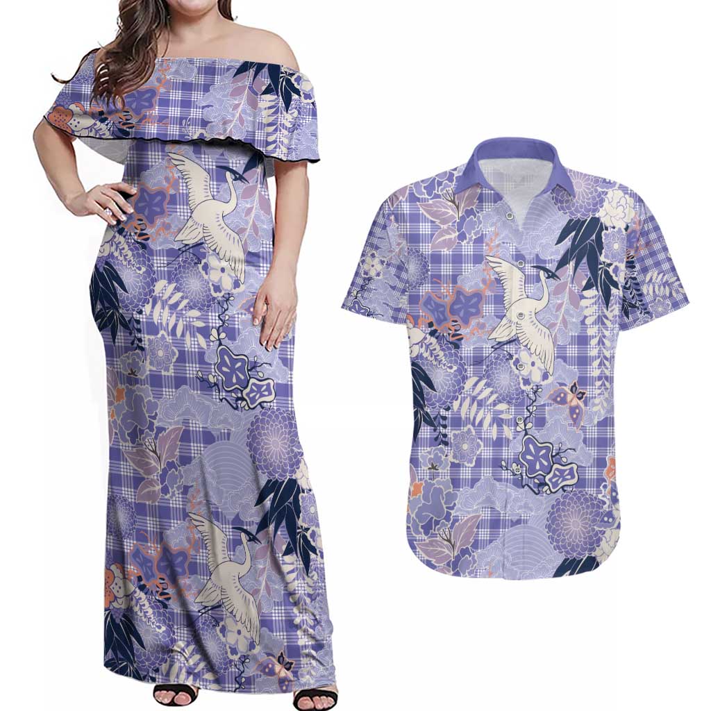 Purple Palaka Crane and Flowers Couples Matching Off Shoulder Maxi Dress and Hawaiian Shirt Japan Heritage Spirit LT9 Purple - Polynesian Pride