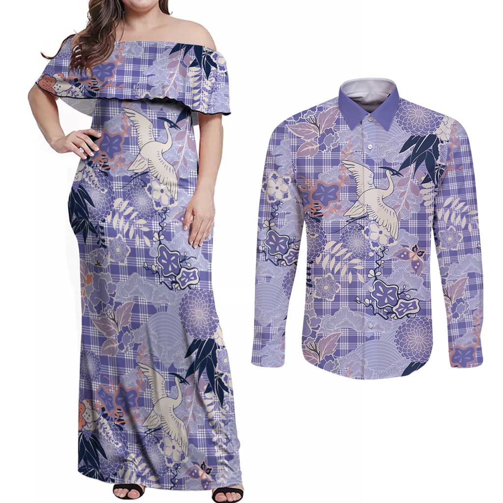 Purple Palaka Crane and Flowers Couples Matching Off Shoulder Maxi Dress and Long Sleeve Button Shirt Japan Heritage Spirit LT9 Purple - Polynesian Pride