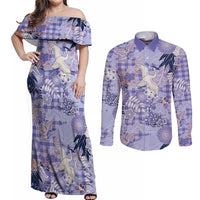 Purple Palaka Crane and Flowers Couples Matching Off Shoulder Maxi Dress and Long Sleeve Button Shirt Japan Heritage Spirit LT9 Purple - Polynesian Pride