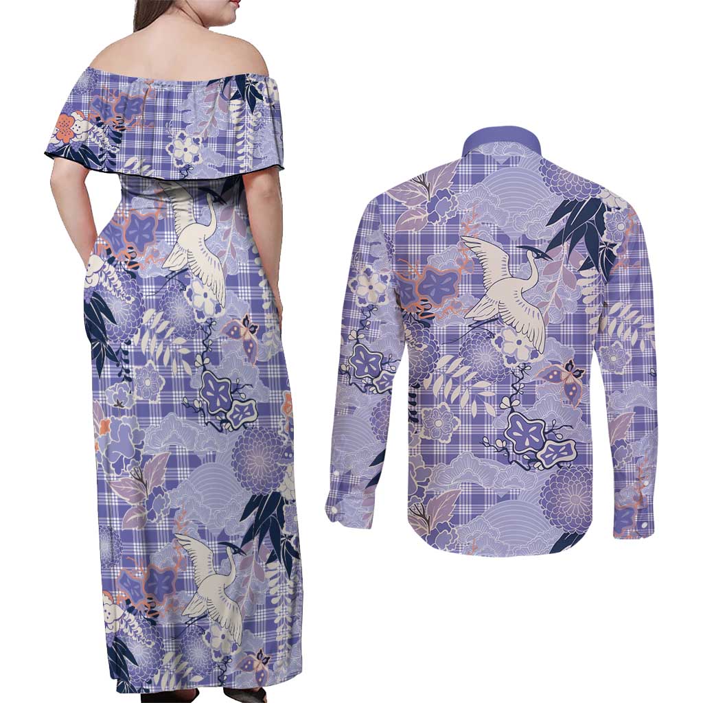 Purple Palaka Crane and Flowers Couples Matching Off Shoulder Maxi Dress and Long Sleeve Button Shirt Japan Heritage Spirit LT9 - Polynesian Pride