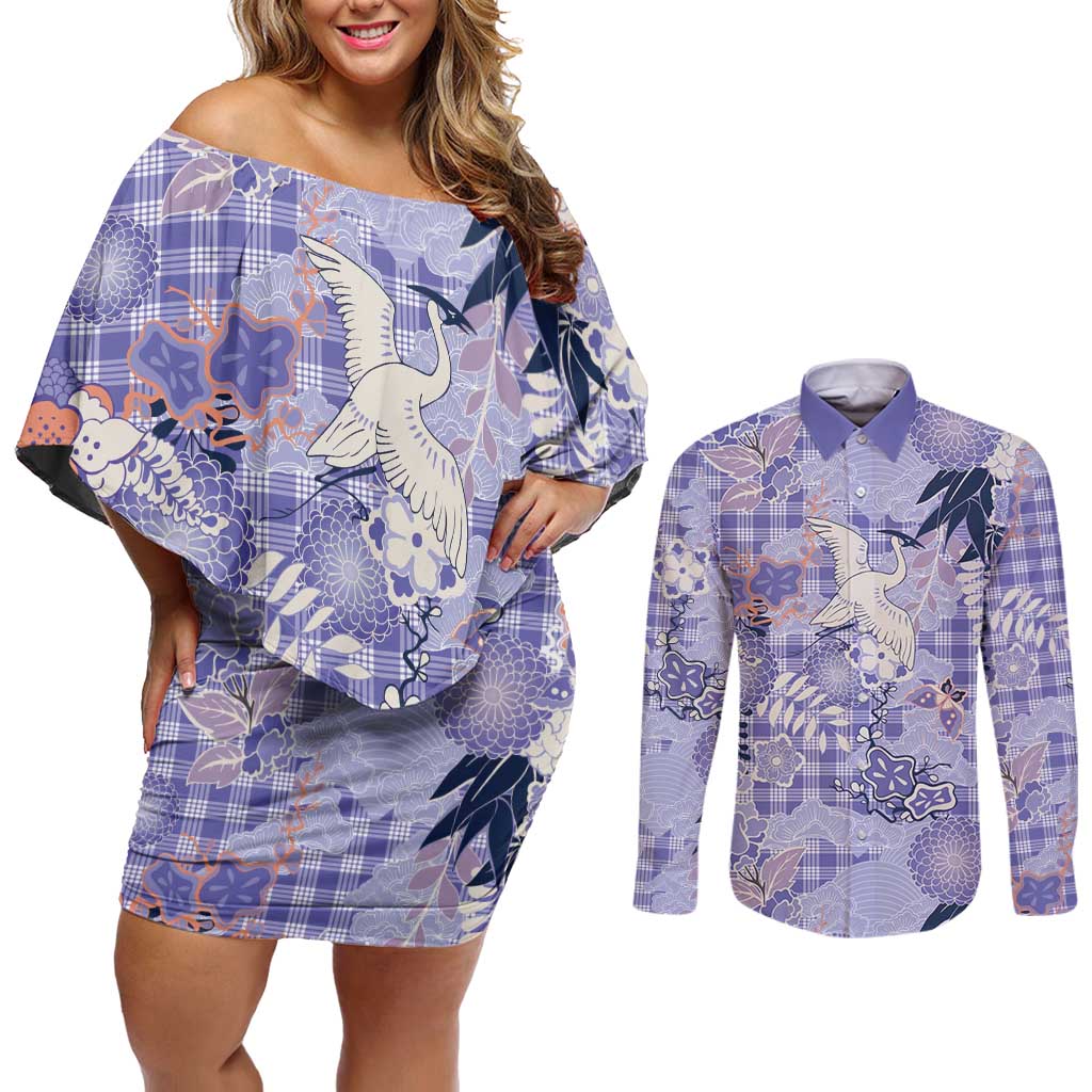 Purple Palaka Crane and Flowers Couples Matching Off Shoulder Short Dress and Long Sleeve Button Shirt Japan Heritage Spirit LT9 Purple - Polynesian Pride