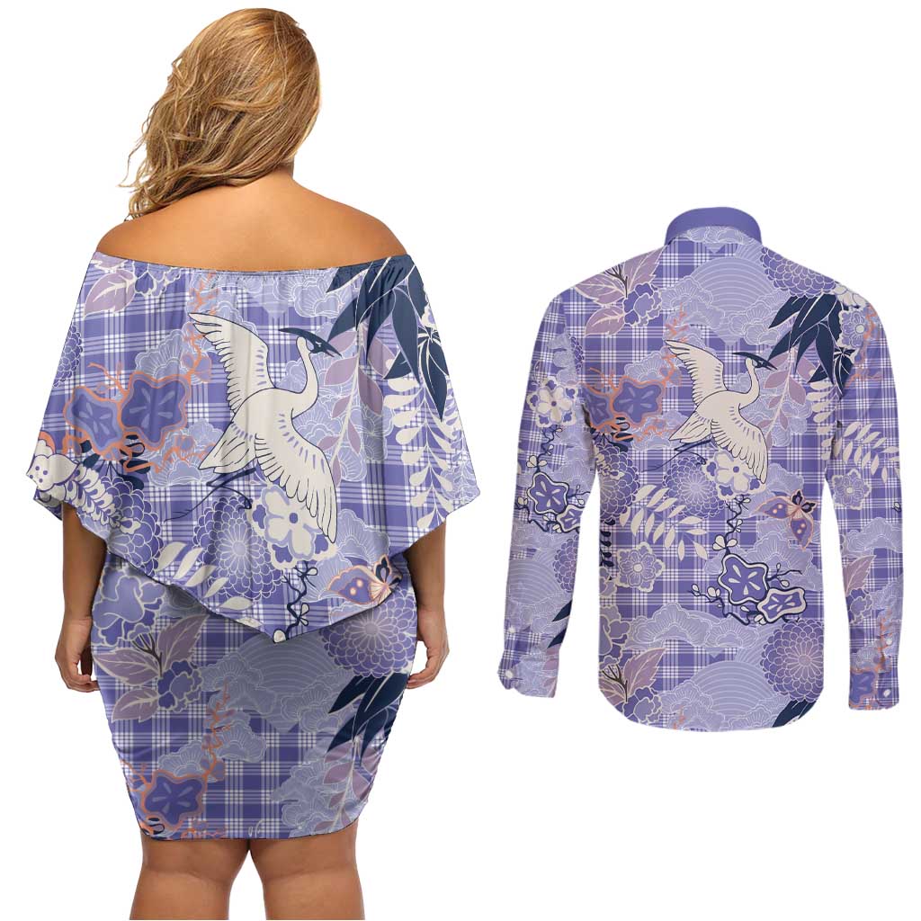 Purple Palaka Crane and Flowers Couples Matching Off Shoulder Short Dress and Long Sleeve Button Shirt Japan Heritage Spirit LT9 - Polynesian Pride