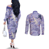Purple Palaka Crane and Flowers Couples Matching Off The Shoulder Long Sleeve Dress and Long Sleeve Button Shirt Japan Heritage Spirit LT9 - Polynesian Pride