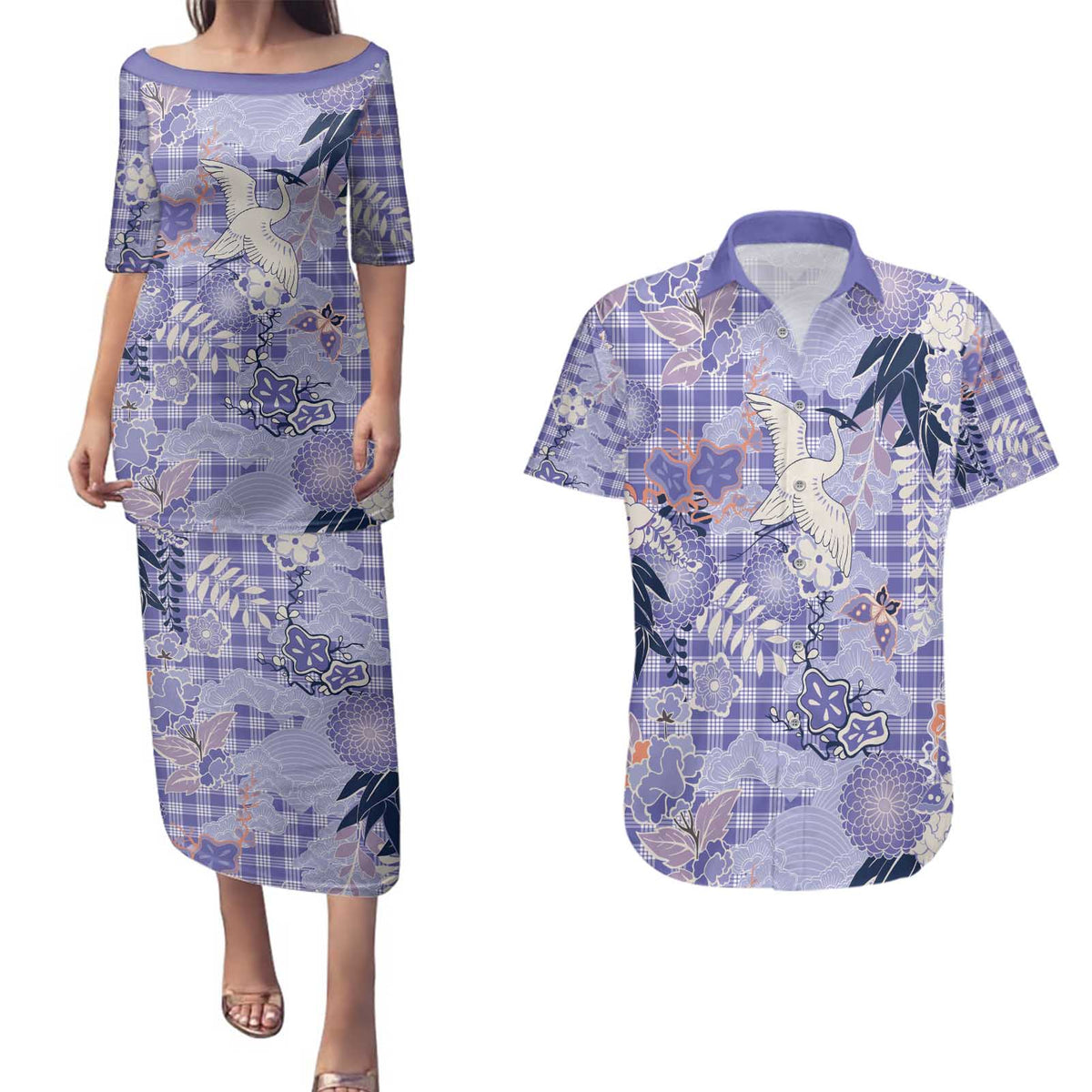 Purple Palaka Crane and Flowers Couples Matching Puletasi and Hawaiian Shirt Japan Heritage Spirit LT9 Purple - Polynesian Pride