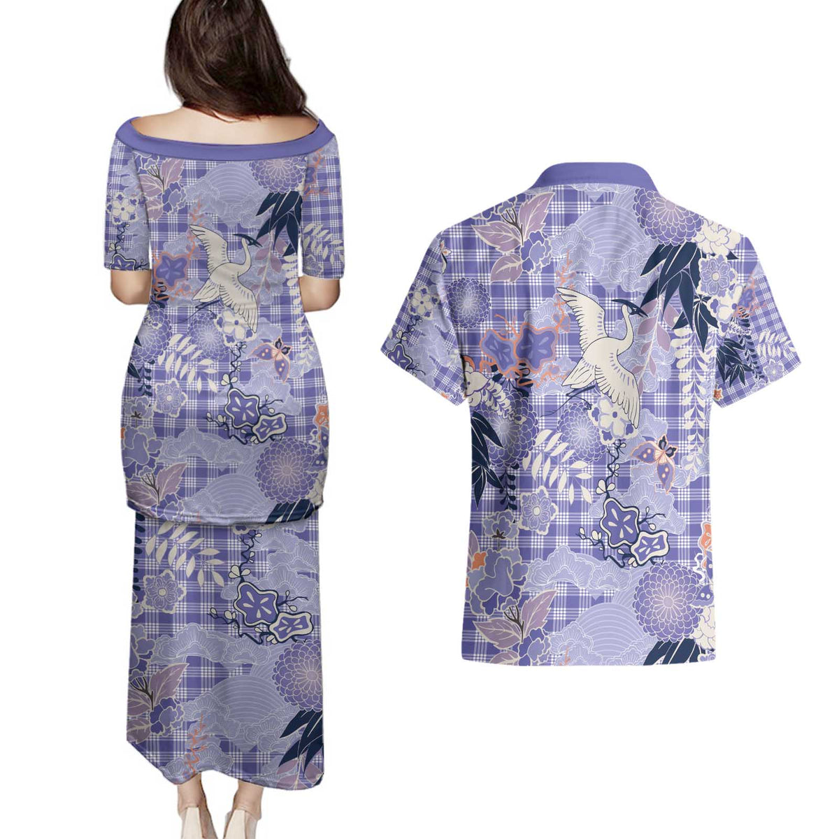Purple Palaka Crane and Flowers Couples Matching Puletasi and Hawaiian Shirt Japan Heritage Spirit LT9 - Polynesian Pride