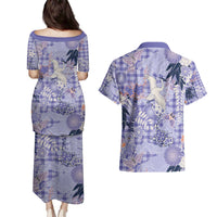 Purple Palaka Crane and Flowers Couples Matching Puletasi and Hawaiian Shirt Japan Heritage Spirit LT9 - Polynesian Pride