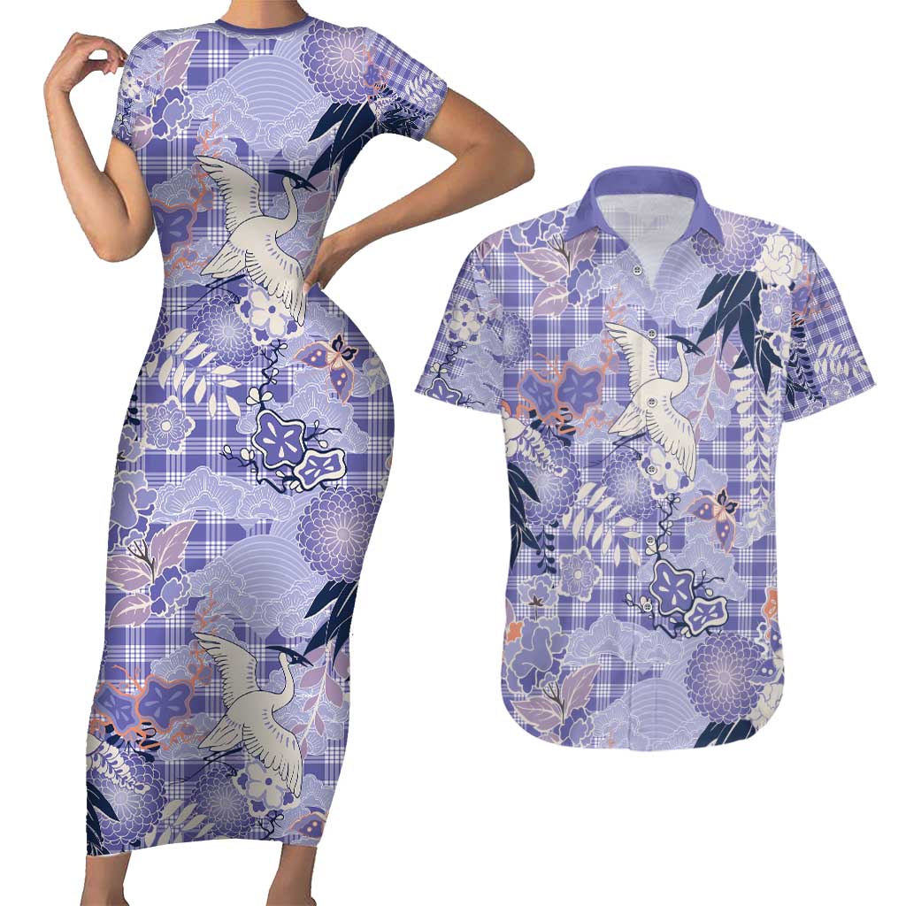 Purple Palaka Crane and Flowers Couples Matching Short Sleeve Bodycon Dress and Hawaiian Shirt Japan Heritage Spirit LT9 Purple - Polynesian Pride