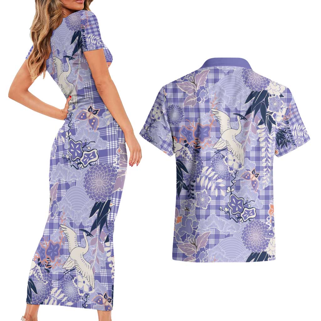 Purple Palaka Crane and Flowers Couples Matching Short Sleeve Bodycon Dress and Hawaiian Shirt Japan Heritage Spirit LT9 - Polynesian Pride