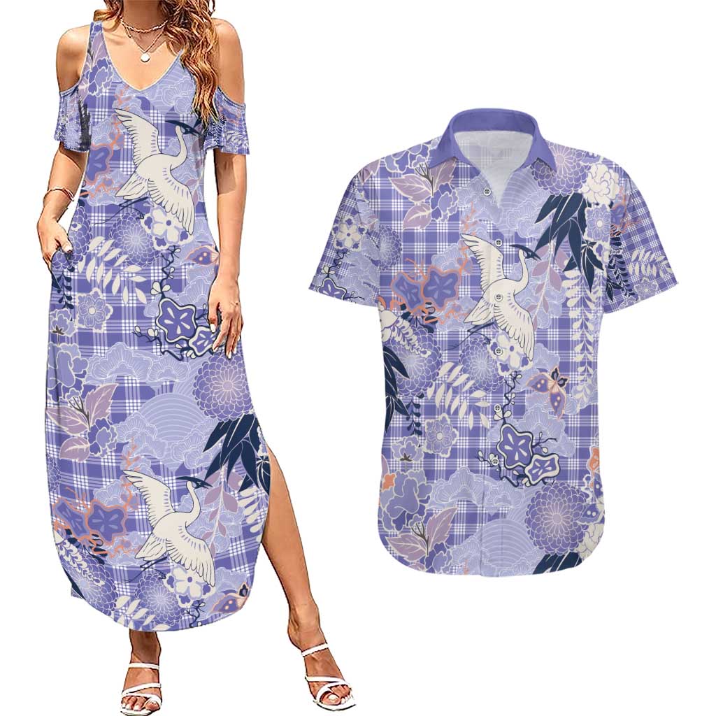 Purple Palaka Crane and Flowers Couples Matching Summer Maxi Dress and Hawaiian Shirt Japan Heritage Spirit LT9 Purple - Polynesian Pride