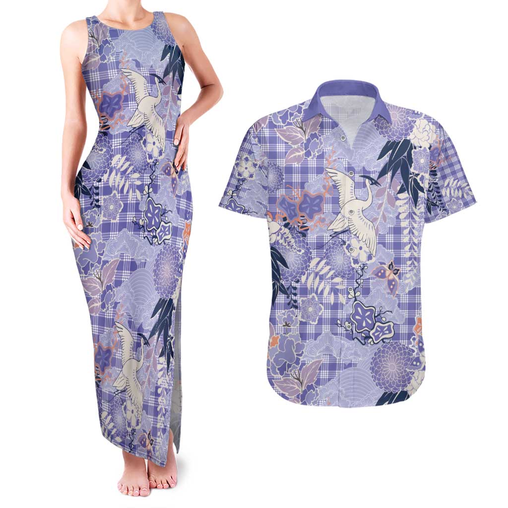 Purple Palaka Crane and Flowers Couples Matching Tank Maxi Dress and Hawaiian Shirt Japan Heritage Spirit LT9 Purple - Polynesian Pride