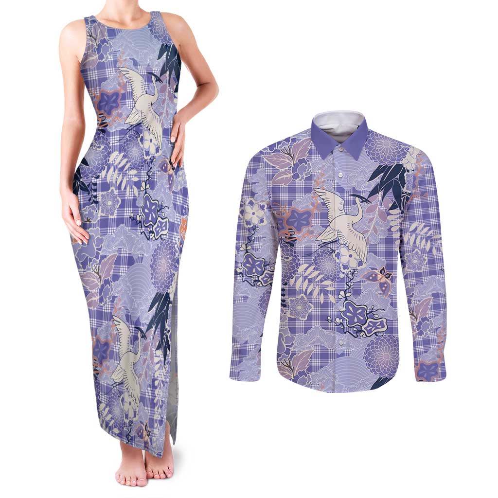 Purple Palaka Crane and Flowers Couples Matching Tank Maxi Dress and Long Sleeve Button Shirt Japan Heritage Spirit LT9 Purple - Polynesian Pride