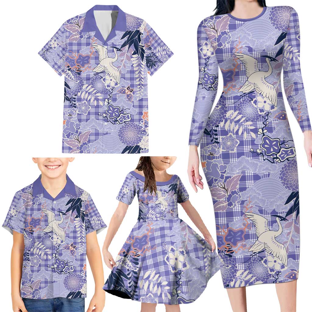 Purple Palaka Crane and Flowers Family Matching Long Sleeve Bodycon Dress and Hawaiian Shirt Japan Heritage Spirit LT9 - Polynesian Pride
