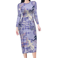 Purple Palaka Crane and Flowers Family Matching Long Sleeve Bodycon Dress and Hawaiian Shirt Japan Heritage Spirit LT9 Mom's Dress Purple - Polynesian Pride