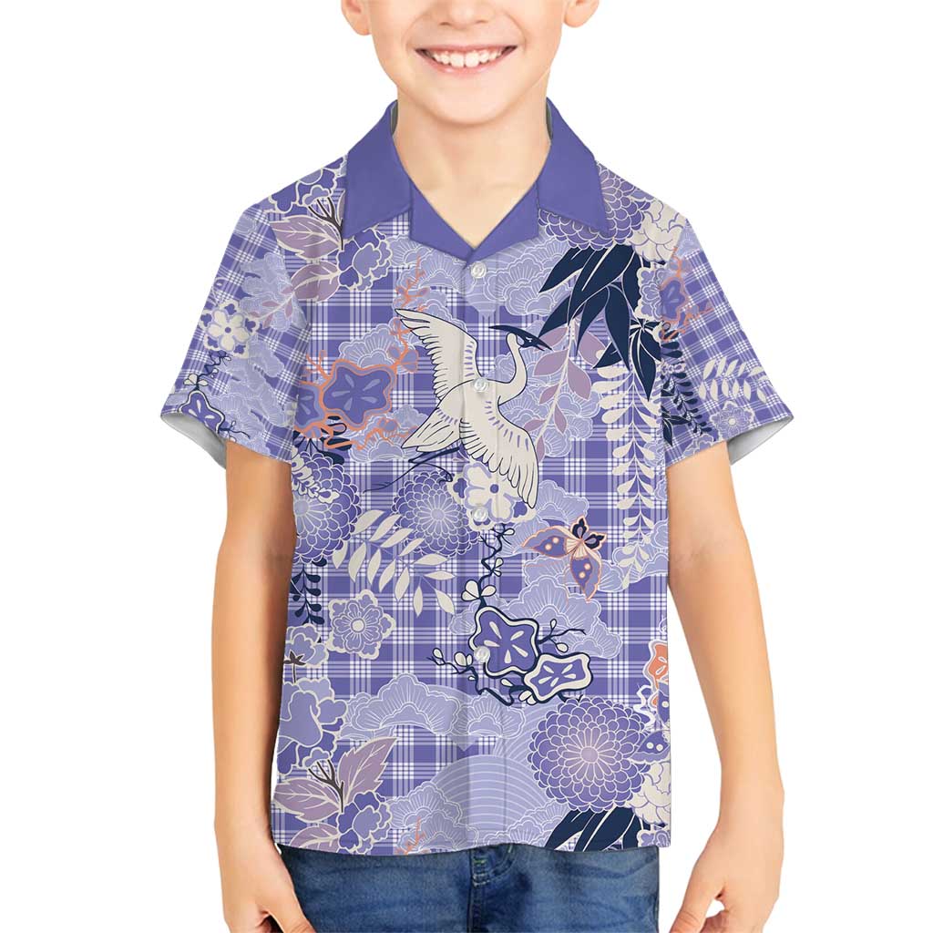 Purple Palaka Crane and Flowers Family Matching Long Sleeve Bodycon Dress and Hawaiian Shirt Japan Heritage Spirit LT9 Son's Shirt Purple - Polynesian Pride