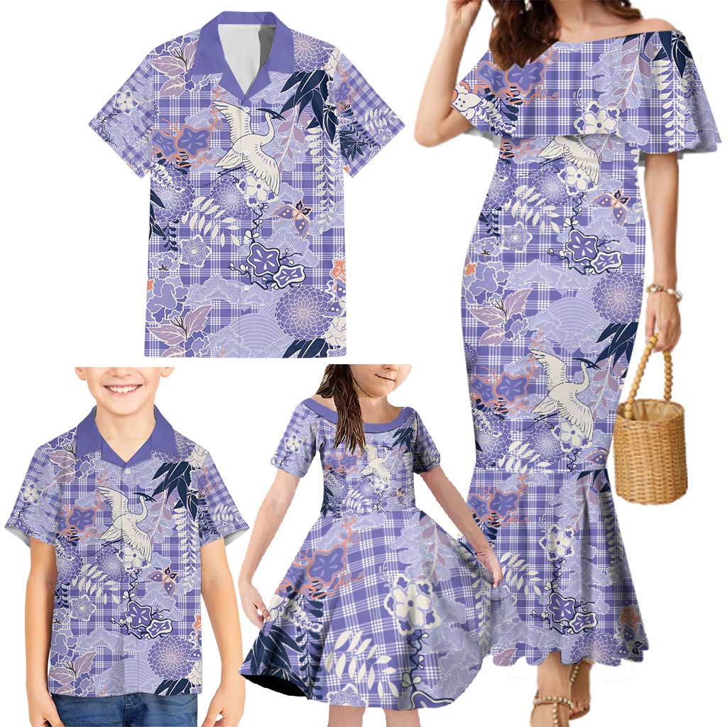 Purple Palaka Crane and Flowers Family Matching Mermaid Dress and Hawaiian Shirt Japan Heritage Spirit LT9 - Polynesian Pride