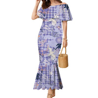 Purple Palaka Crane and Flowers Family Matching Mermaid Dress and Hawaiian Shirt Japan Heritage Spirit LT9 Mom's Dress Purple - Polynesian Pride