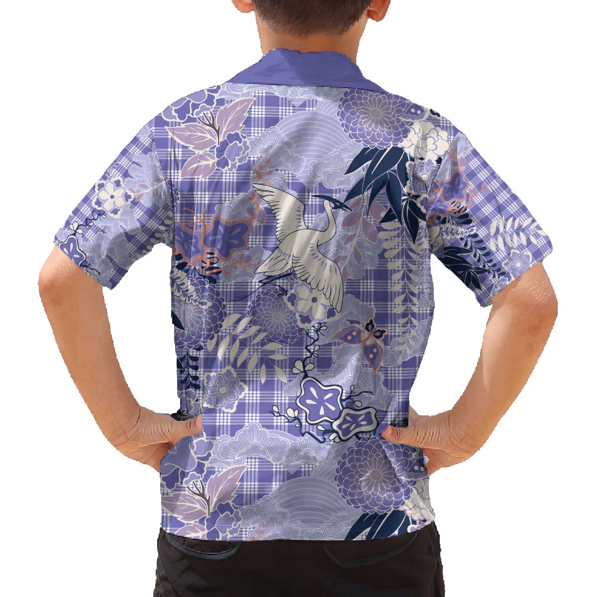 Purple Palaka Crane and Flowers Family Matching Off The Shoulder Long Sleeve Dress and Hawaiian Shirt Japan Heritage Spirit LT9 - Polynesian Pride