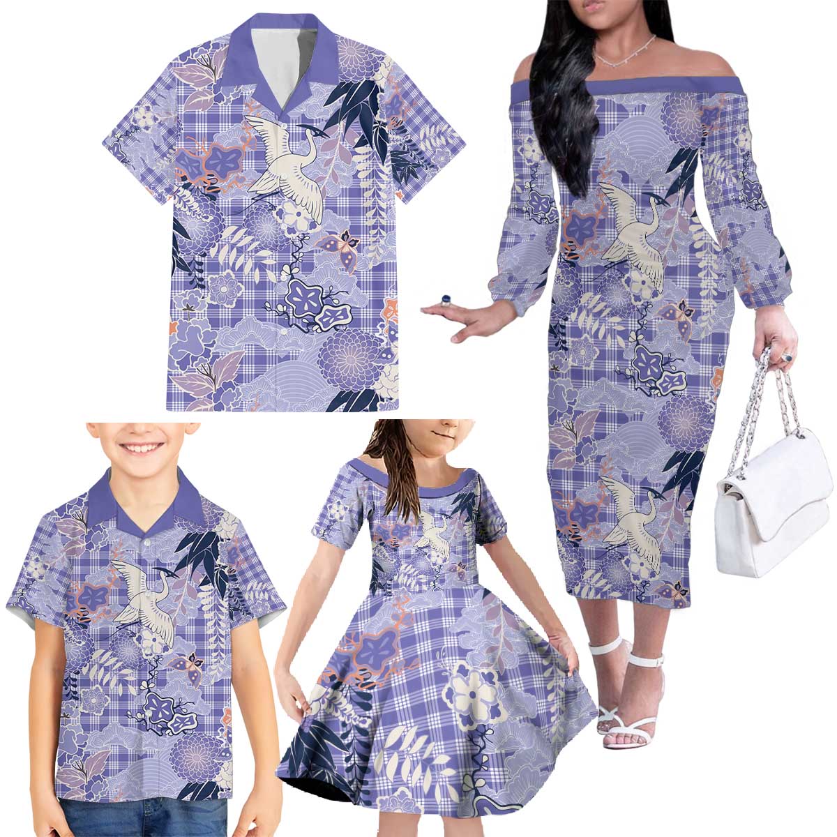 Purple Palaka Crane and Flowers Family Matching Off The Shoulder Long Sleeve Dress and Hawaiian Shirt Japan Heritage Spirit LT9 - Polynesian Pride