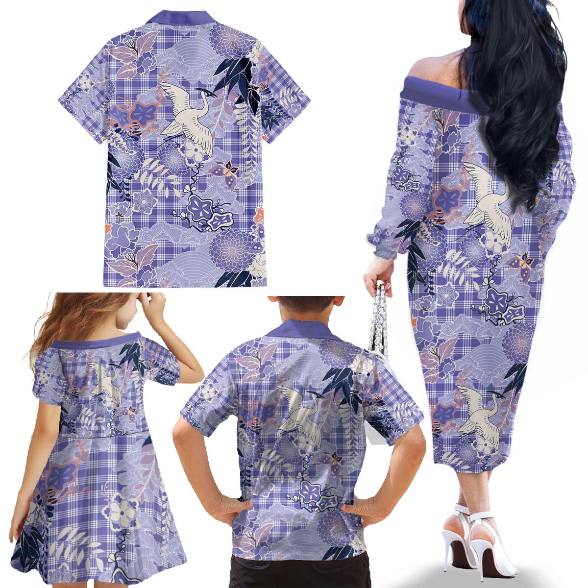 Purple Palaka Crane and Flowers Family Matching Off The Shoulder Long Sleeve Dress and Hawaiian Shirt Japan Heritage Spirit LT9 - Polynesian Pride