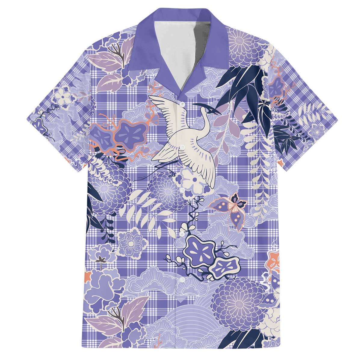 Purple Palaka Crane and Flowers Family Matching Off The Shoulder Long Sleeve Dress and Hawaiian Shirt Japan Heritage Spirit LT9 Dad's Shirt - Short Sleeve Purple - Polynesian Pride