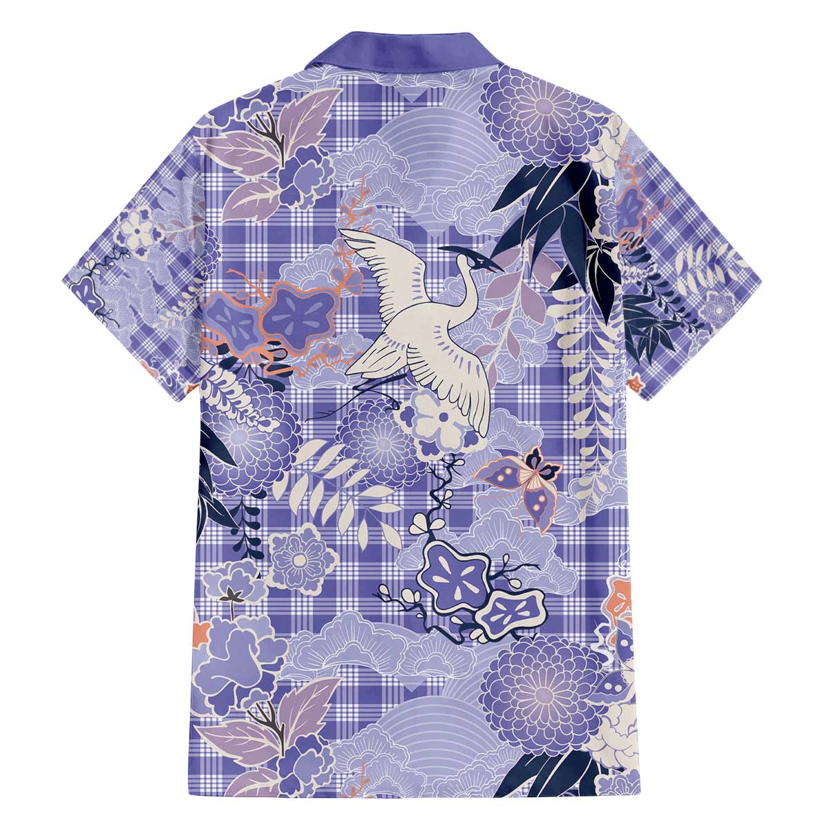 Purple Palaka Crane and Flowers Family Matching Off The Shoulder Long Sleeve Dress and Hawaiian Shirt Japan Heritage Spirit LT9 - Polynesian Pride
