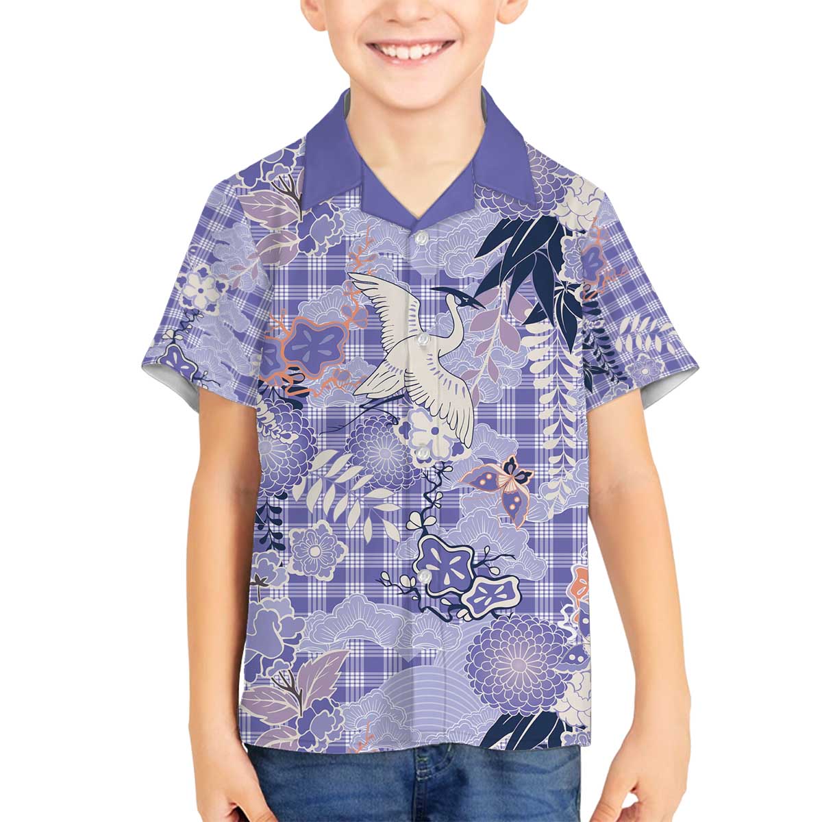 Purple Palaka Crane and Flowers Family Matching Off The Shoulder Long Sleeve Dress and Hawaiian Shirt Japan Heritage Spirit LT9 Son's Shirt Purple - Polynesian Pride
