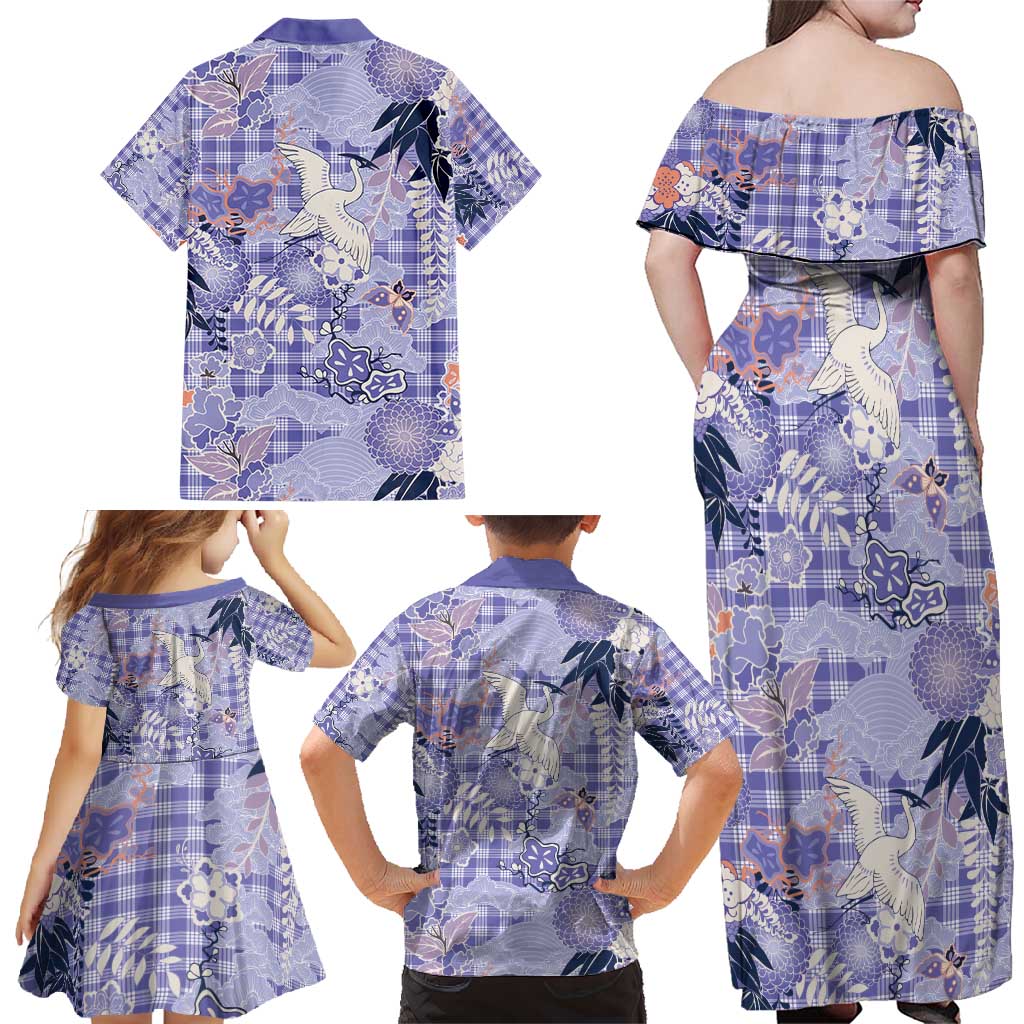 Purple Palaka Crane and Flowers Family Matching Off Shoulder Maxi Dress and Hawaiian Shirt Japan Heritage Spirit LT9 - Polynesian Pride