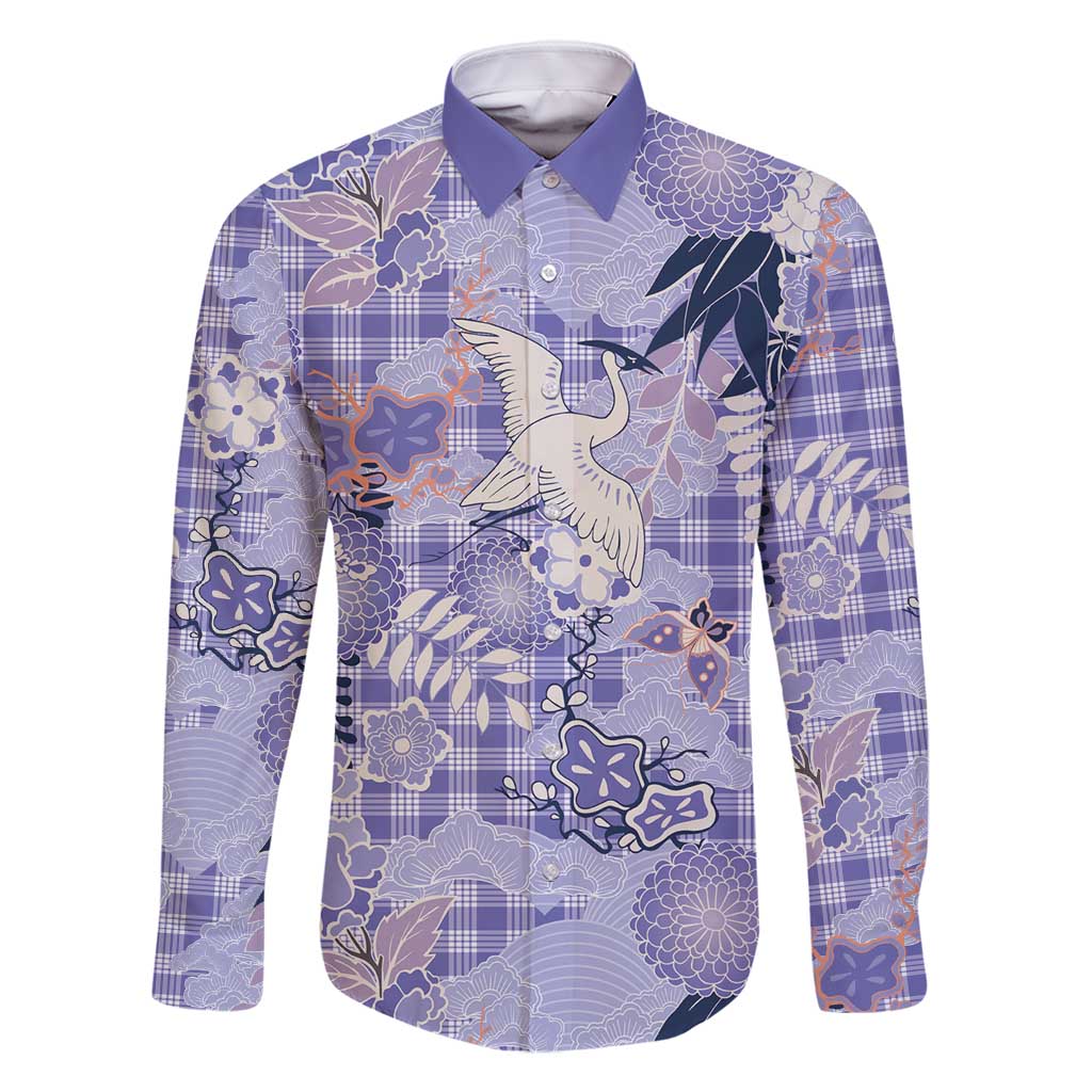 Purple Palaka Crane and Flowers Family Matching Off Shoulder Maxi Dress and Hawaiian Shirt Japan Heritage Spirit LT9 Dad's Shirt - Long Sleeve Purple - Polynesian Pride