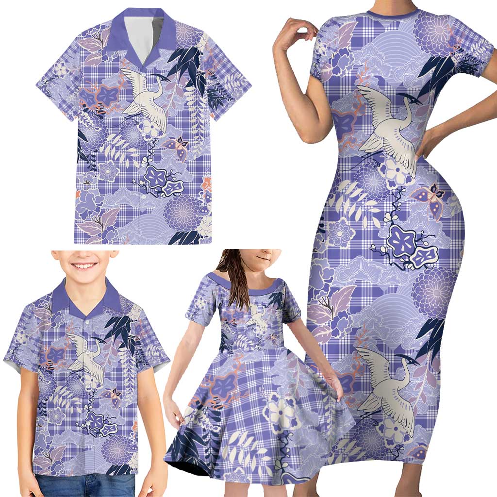 Purple Palaka Crane and Flowers Family Matching Short Sleeve Bodycon Dress and Hawaiian Shirt Japan Heritage Spirit LT9 - Polynesian Pride