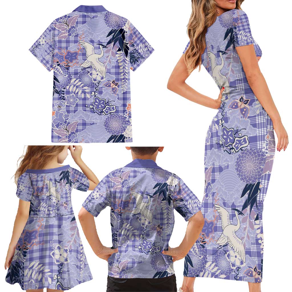 Purple Palaka Crane and Flowers Family Matching Short Sleeve Bodycon Dress and Hawaiian Shirt Japan Heritage Spirit LT9 - Polynesian Pride