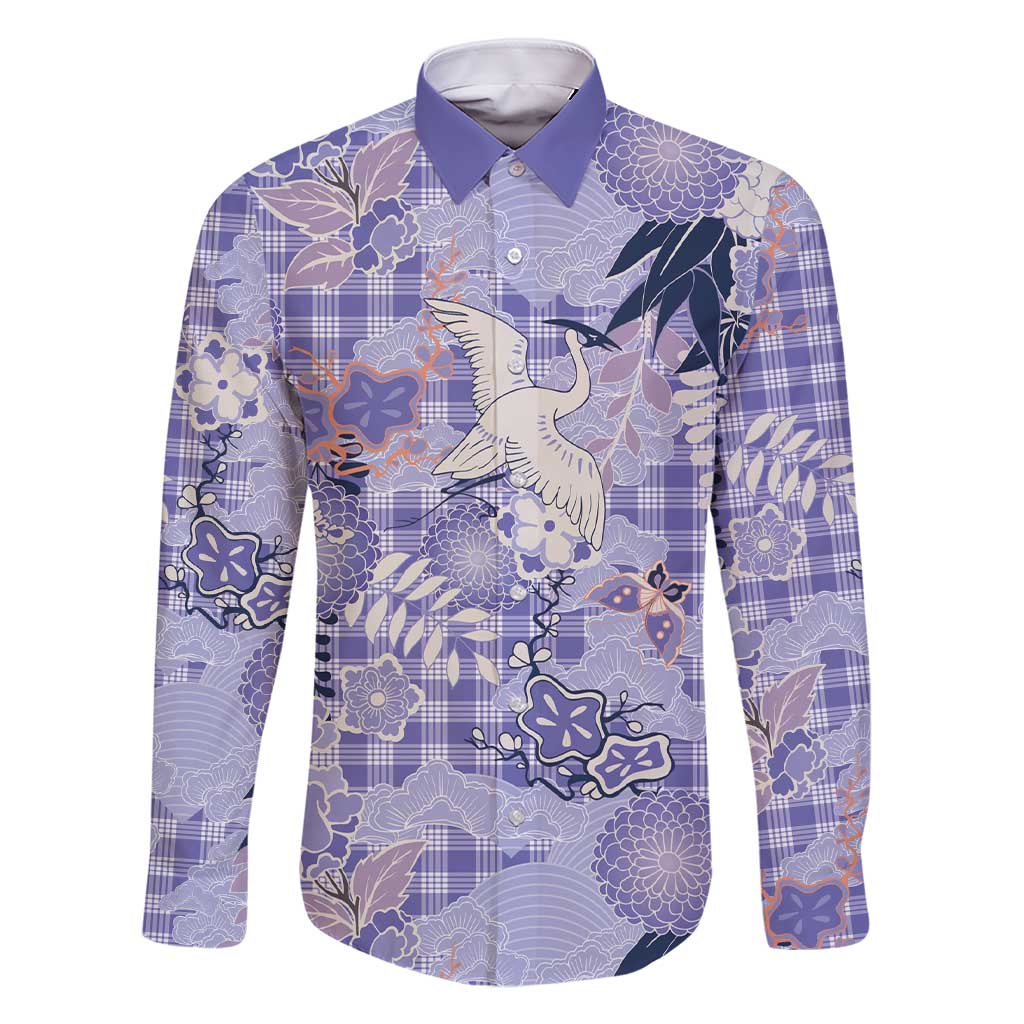 Purple Palaka Crane and Flowers Family Matching Short Sleeve Bodycon Dress and Hawaiian Shirt Japan Heritage Spirit LT9 Dad's Shirt - Long Sleeve Purple - Polynesian Pride