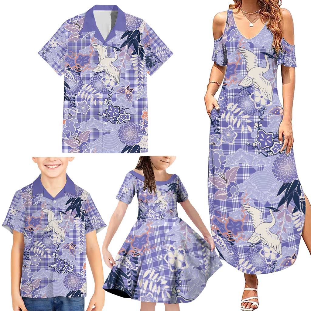Purple Palaka Crane and Flowers Family Matching Summer Maxi Dress and Hawaiian Shirt Japan Heritage Spirit LT9 - Polynesian Pride