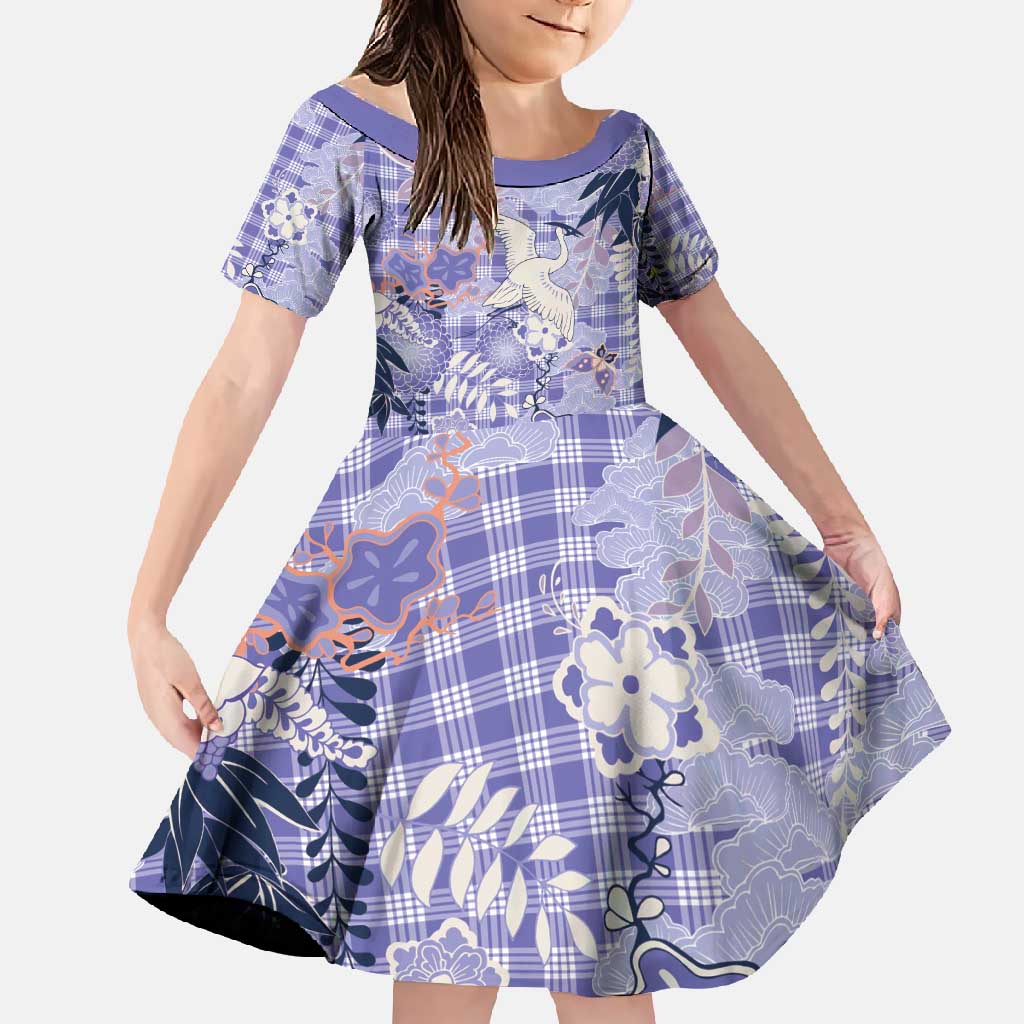 Purple Palaka Crane and Flowers Family Matching Tank Maxi Dress and Hawaiian Shirt Japan Heritage Spirit LT9 Daughter's Dress Purple - Polynesian Pride