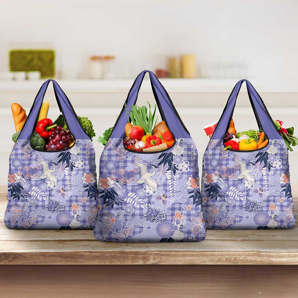 Purple Palaka Crane and Flowers Grocery Bag Japan Heritage Spirit - Polynesian Pride