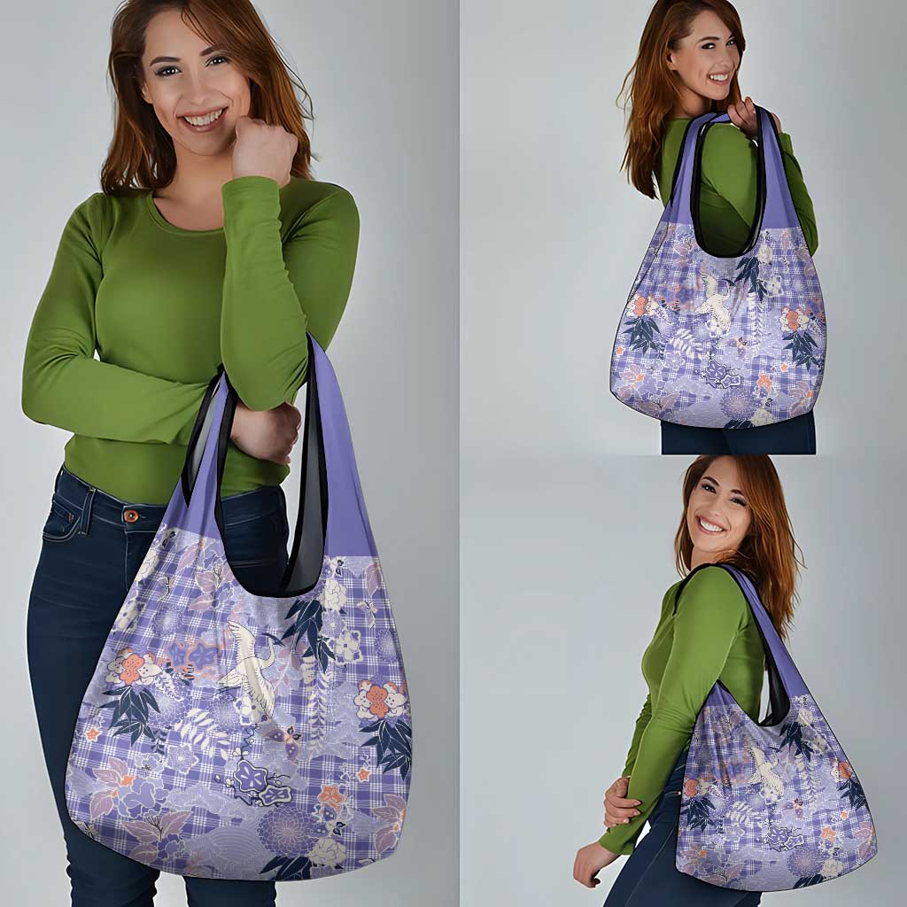 Purple Palaka Crane and Flowers Grocery Bag Japan Heritage Spirit - Polynesian Pride