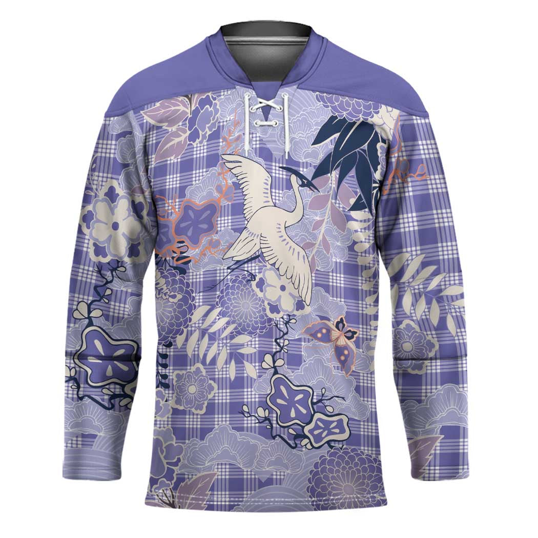 Purple Palaka Crane and Flowers Hockey Jersey Japan Heritage Spirit - Polynesian Pride