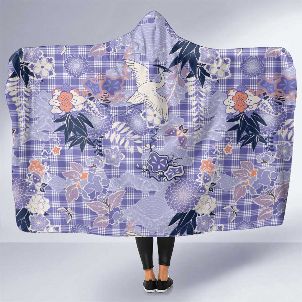 Purple Palaka Crane and Flowers Hooded Blanket Japan Heritage Spirit LT9 One Size Purple - Polynesian Pride