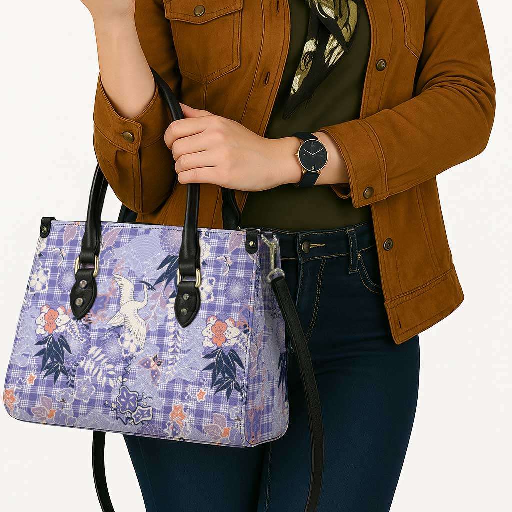 Purple Palaka Crane and Flowers Leather Bag Japan Heritage Spirit - Polynesian Pride