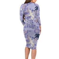 Purple Palaka Crane and Flowers Long Sleeve Bodycon Dress Japan Heritage Spirit - Polynesian Pride